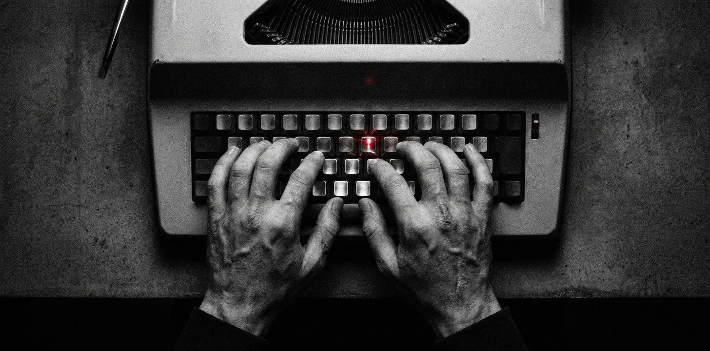 Hands at a typewriter, rendered as a high-contrast monochrome collage